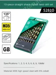 Set of 10 straight shanks containing cobalt twist drills