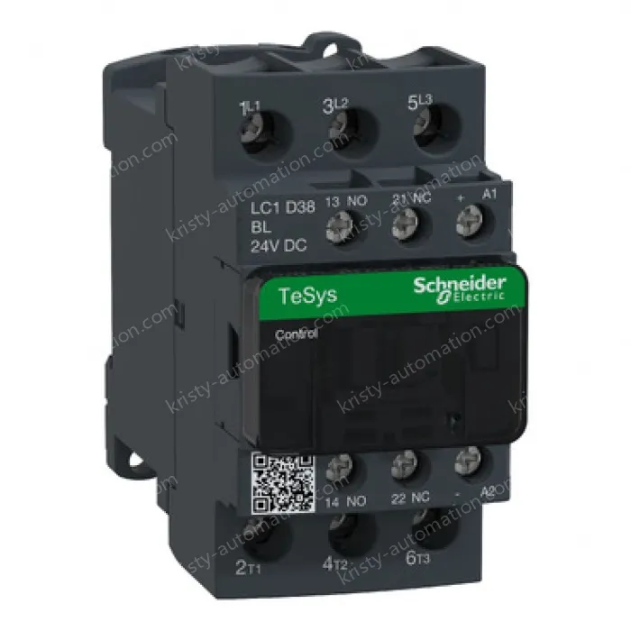LC1D38BL IEC contactor, TeSys Deca, nonreversing, 38A, 20HP at 480VAC, up to 100kA SCCR, 3 phase, 3 NO, low consumption 24VDC coil