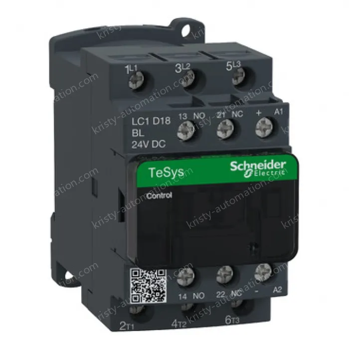 LC1D18BL IEC contactor, TeSys Deca, nonreversing, 18A, 10HP at 480VAC, up to 100kA SCCR, 3 phase, 3 NO, low consumption 24VDC coil