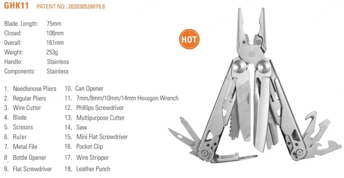 GHK11 Multi-function pliers, stainless steel, multi-function wrench, emergency rescue, folding combination tool